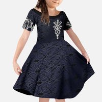 Runic Skull Family Matching Off The Shoulder Long Sleeve Dress and Hawaiian Shirt with Nordic Symbols and Knot Pattern Viking Heritage Tribute - Wonder Print Shop