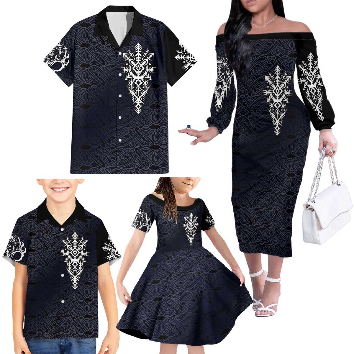 Runic Skull Family Matching Off The Shoulder Long Sleeve Dress and Hawaiian Shirt with Nordic Symbols and Knot Pattern Viking Heritage Tribute - Wonder Print Shop