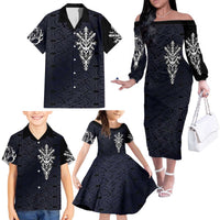 Runic Skull Family Matching Off The Shoulder Long Sleeve Dress and Hawaiian Shirt with Nordic Symbols and Knot Pattern Viking Heritage Tribute - Wonder Print Shop