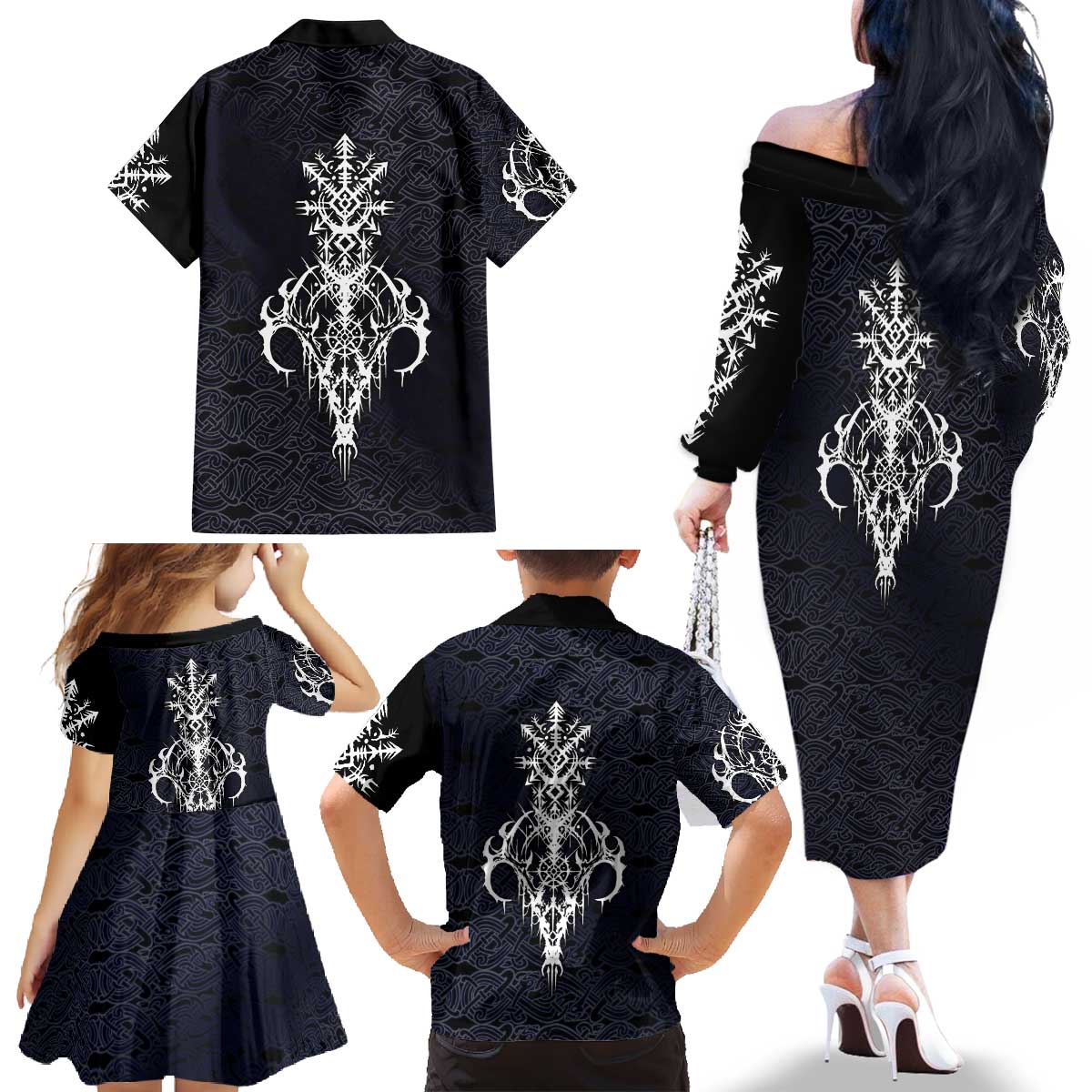 Runic Skull Family Matching Off The Shoulder Long Sleeve Dress and Hawaiian Shirt with Nordic Symbols and Knot Pattern Viking Heritage Tribute - Wonder Print Shop