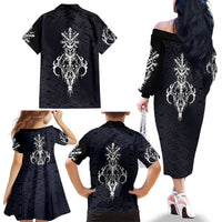 Runic Skull Family Matching Off The Shoulder Long Sleeve Dress and Hawaiian Shirt with Nordic Symbols and Knot Pattern Viking Heritage Tribute - Wonder Print Shop