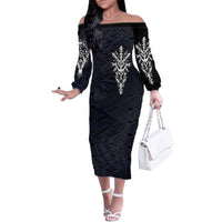 Runic Skull Family Matching Off The Shoulder Long Sleeve Dress and Hawaiian Shirt with Nordic Symbols and Knot Pattern Viking Heritage Tribute - Wonder Print Shop