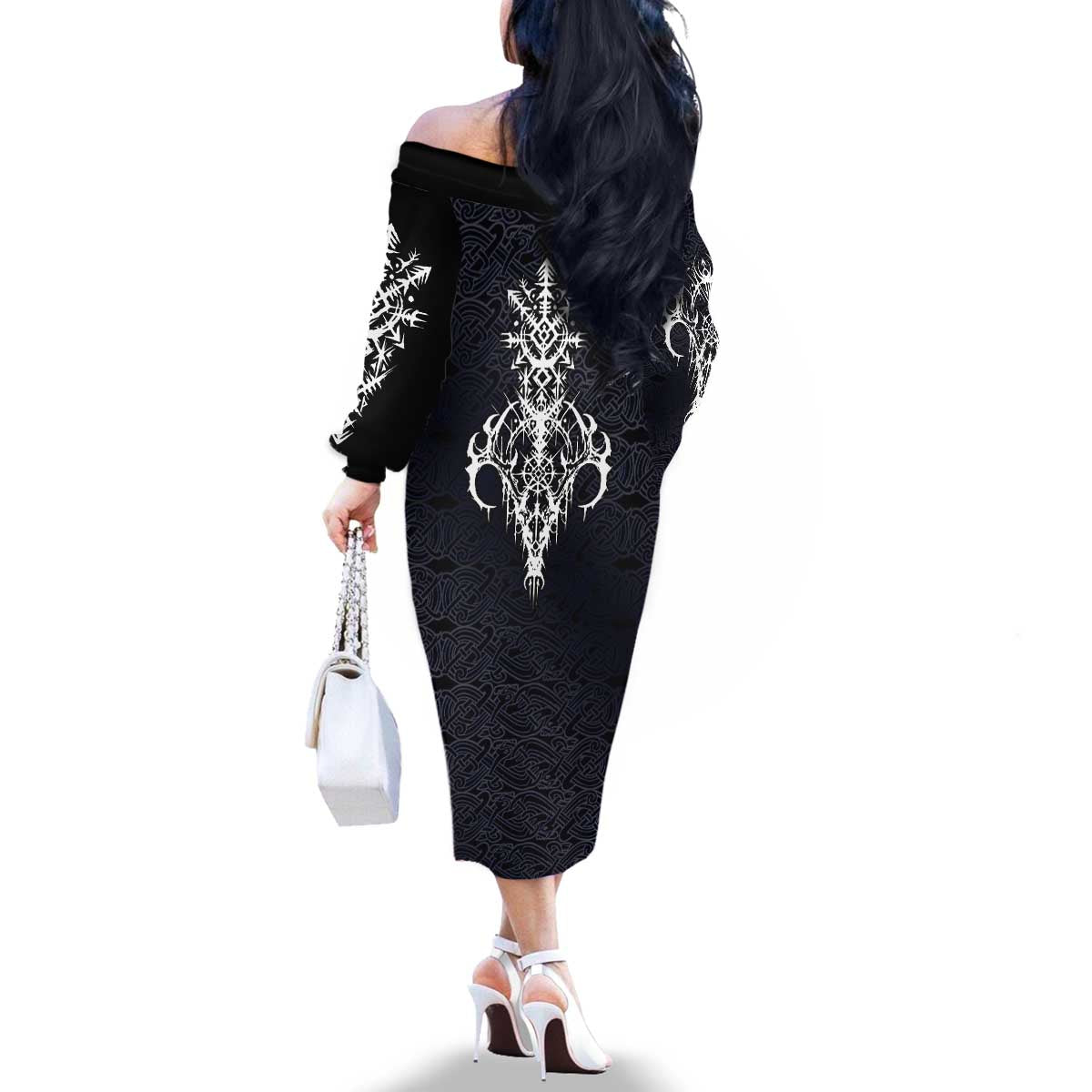 Runic Skull Family Matching Off The Shoulder Long Sleeve Dress and Hawaiian Shirt with Nordic Symbols and Knot Pattern Viking Heritage Tribute - Wonder Print Shop