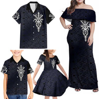 Runic Skull Family Matching Off Shoulder Maxi Dress and Hawaiian Shirt with Nordic Symbols and Knot Pattern Viking Heritage Tribute - Wonder Print Shop