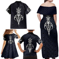Runic Skull Family Matching Off Shoulder Maxi Dress and Hawaiian Shirt with Nordic Symbols and Knot Pattern Viking Heritage Tribute - Wonder Print Shop