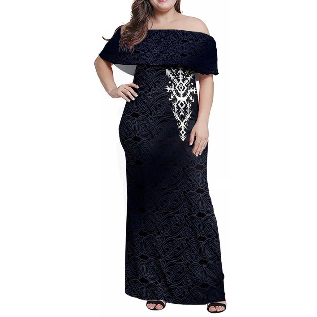 Runic Skull Family Matching Off Shoulder Maxi Dress and Hawaiian Shirt with Nordic Symbols and Knot Pattern Viking Heritage Tribute - Wonder Print Shop