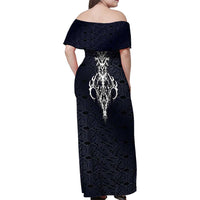 Runic Skull Family Matching Off Shoulder Maxi Dress and Hawaiian Shirt with Nordic Symbols and Knot Pattern Viking Heritage Tribute - Wonder Print Shop