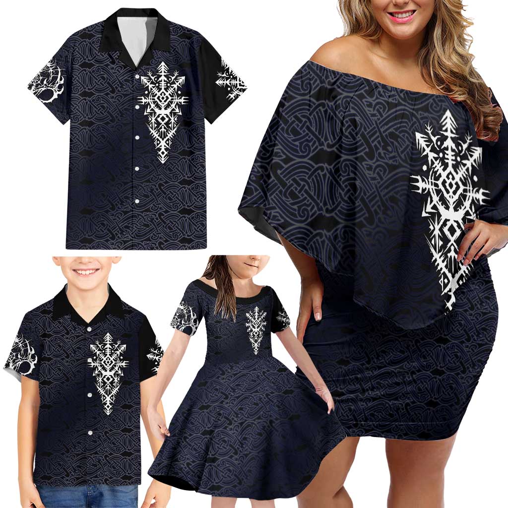 Runic Skull Family Matching Off Shoulder Short Dress and Hawaiian Shirt with Nordic Symbols and Knot Pattern Viking Heritage Tribute - Wonder Print Shop