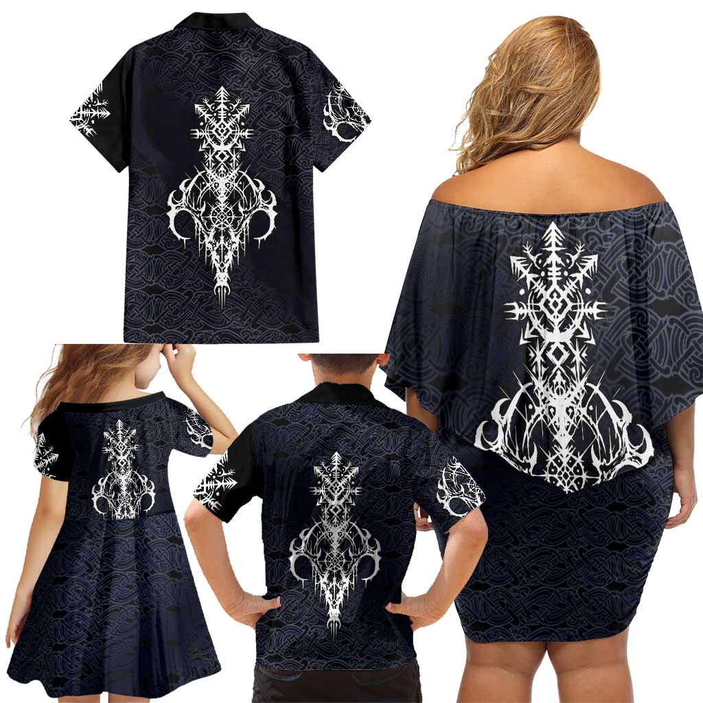 Runic Skull Family Matching Off Shoulder Short Dress and Hawaiian Shirt with Nordic Symbols and Knot Pattern Viking Heritage Tribute - Wonder Print Shop
