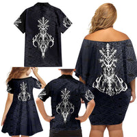 Runic Skull Family Matching Off Shoulder Short Dress and Hawaiian Shirt with Nordic Symbols and Knot Pattern Viking Heritage Tribute - Wonder Print Shop