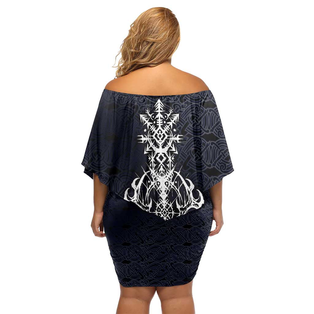 Runic Skull Family Matching Off Shoulder Short Dress and Hawaiian Shirt with Nordic Symbols and Knot Pattern Viking Heritage Tribute - Wonder Print Shop