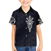 Runic Skull Family Matching Off Shoulder Short Dress and Hawaiian Shirt with Nordic Symbols and Knot Pattern Viking Heritage Tribute - Wonder Print Shop