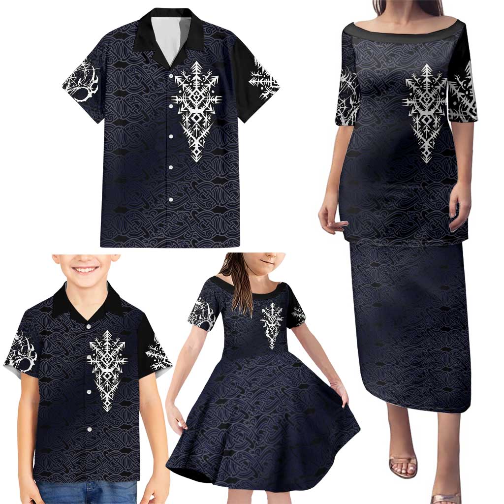Runic Skull Family Matching Puletasi and Hawaiian Shirt with Nordic Symbols and Knot Pattern Viking Heritage Tribute - Wonder Print Shop