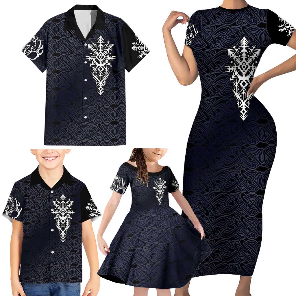 Runic Skull Family Matching Short Sleeve Bodycon Dress and Hawaiian Shirt with Nordic Symbols and Knot Pattern Viking Heritage Tribute - Wonder Print Shop