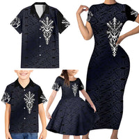 Runic Skull Family Matching Short Sleeve Bodycon Dress and Hawaiian Shirt with Nordic Symbols and Knot Pattern Viking Heritage Tribute - Wonder Print Shop