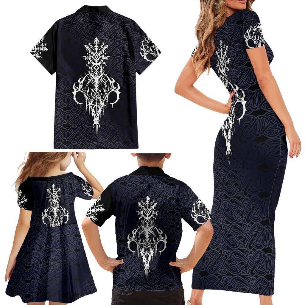 Runic Skull Family Matching Short Sleeve Bodycon Dress and Hawaiian Shirt with Nordic Symbols and Knot Pattern Viking Heritage Tribute - Wonder Print Shop