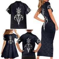 Runic Skull Family Matching Short Sleeve Bodycon Dress and Hawaiian Shirt with Nordic Symbols and Knot Pattern Viking Heritage Tribute - Wonder Print Shop