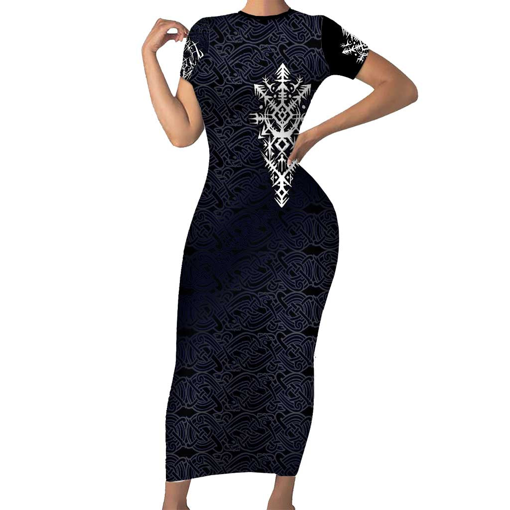 Runic Skull Family Matching Short Sleeve Bodycon Dress and Hawaiian Shirt with Nordic Symbols and Knot Pattern Viking Heritage Tribute - Wonder Print Shop