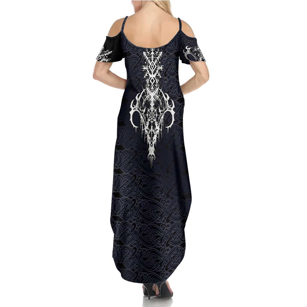 Runic Skull Family Matching Summer Maxi Dress and Hawaiian Shirt with Nordic Symbols and Knot Pattern Viking Heritage Tribute - Wonder Print Shop