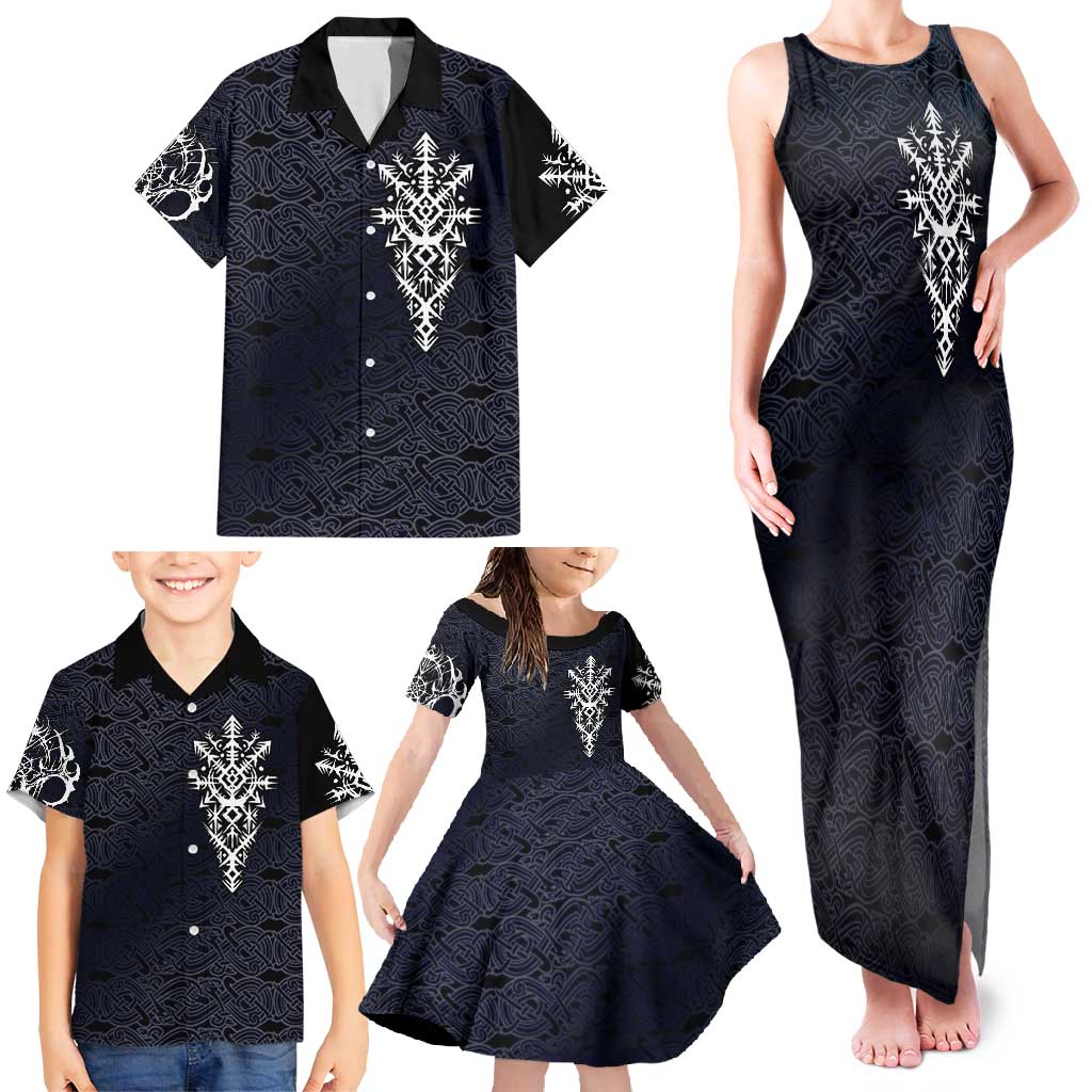 Runic Skull Family Matching Tank Maxi Dress and Hawaiian Shirt with Nordic Symbols and Knot Pattern Viking Heritage Tribute - Wonder Print Shop