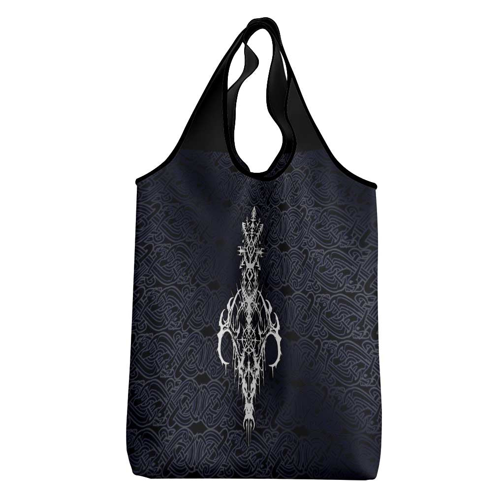 Runic Skull Grocery Bag with Nordic Symbols and Knot Pattern Viking Heritage Tribute - Wonder Print Shop