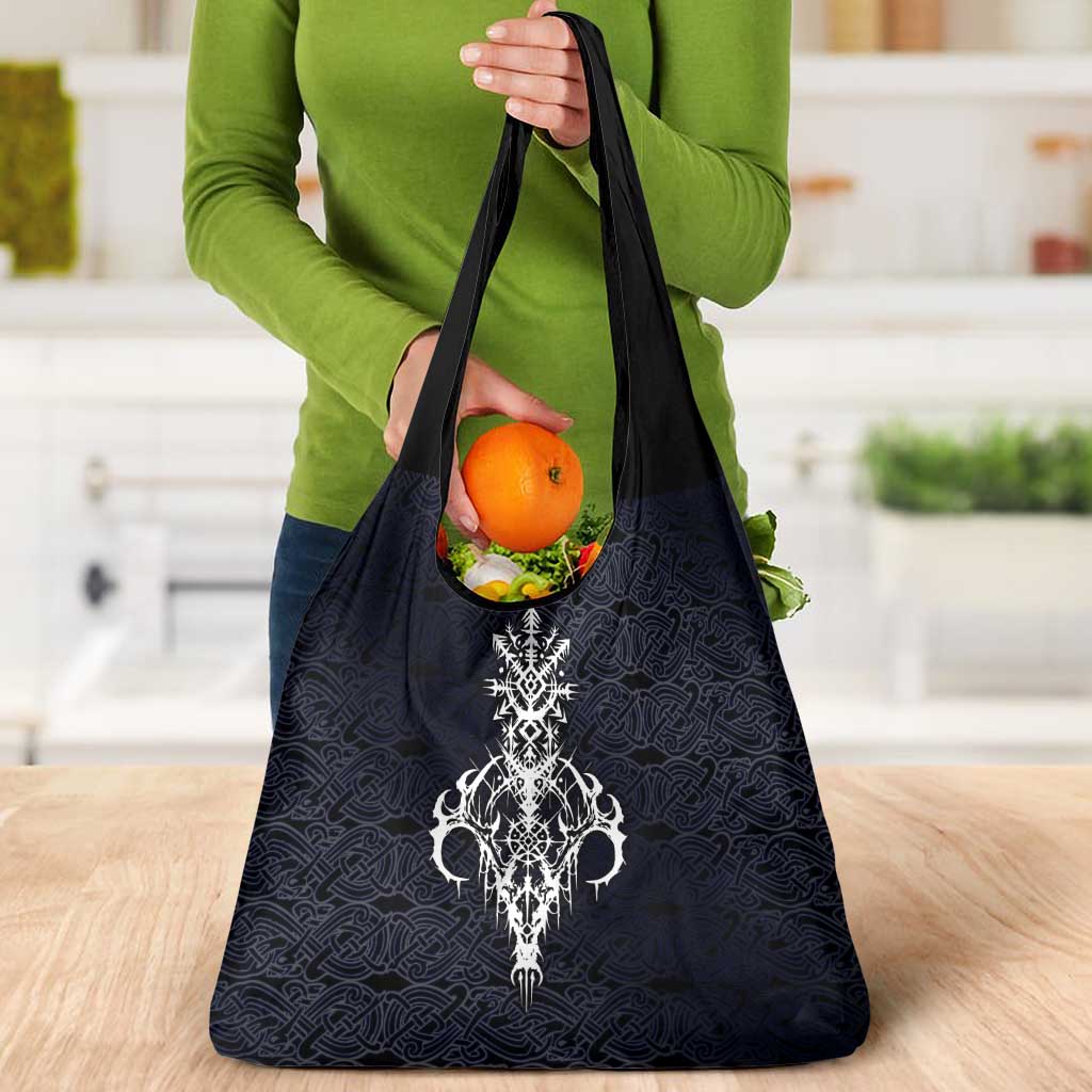 Runic Skull Grocery Bag with Nordic Symbols and Knot Pattern Viking Heritage Tribute - Wonder Print Shop