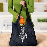 Runic Skull Grocery Bag with Nordic Symbols and Knot Pattern Viking Heritage Tribute - Wonder Print Shop
