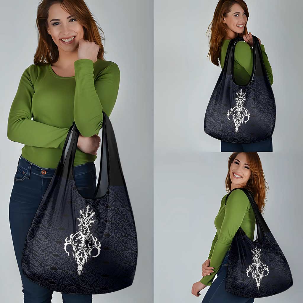 Runic Skull Grocery Bag with Nordic Symbols and Knot Pattern Viking Heritage Tribute - Wonder Print Shop