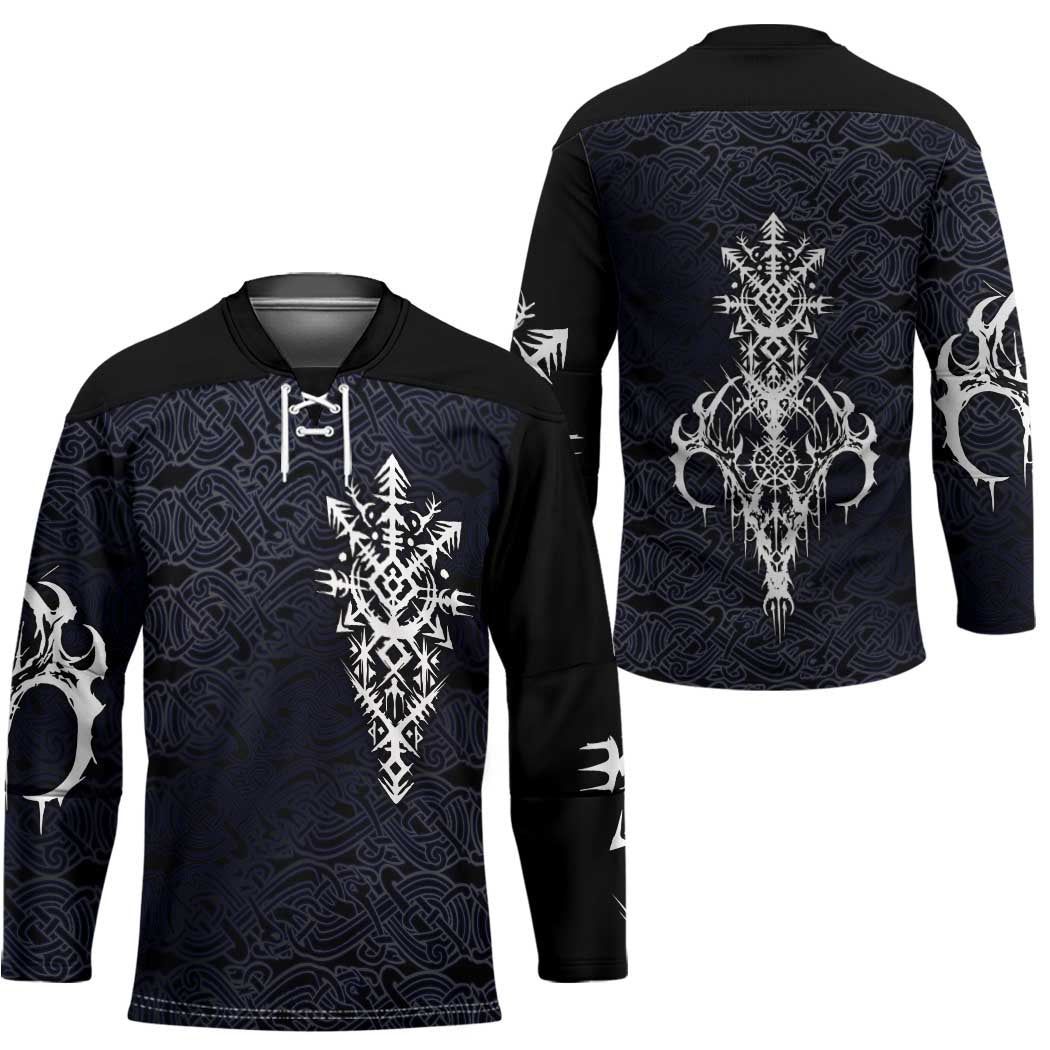 Runic Skull Hockey Jersey with Nordic Symbols and Knot Pattern Viking Heritage Tribute - Wonder Print Shop