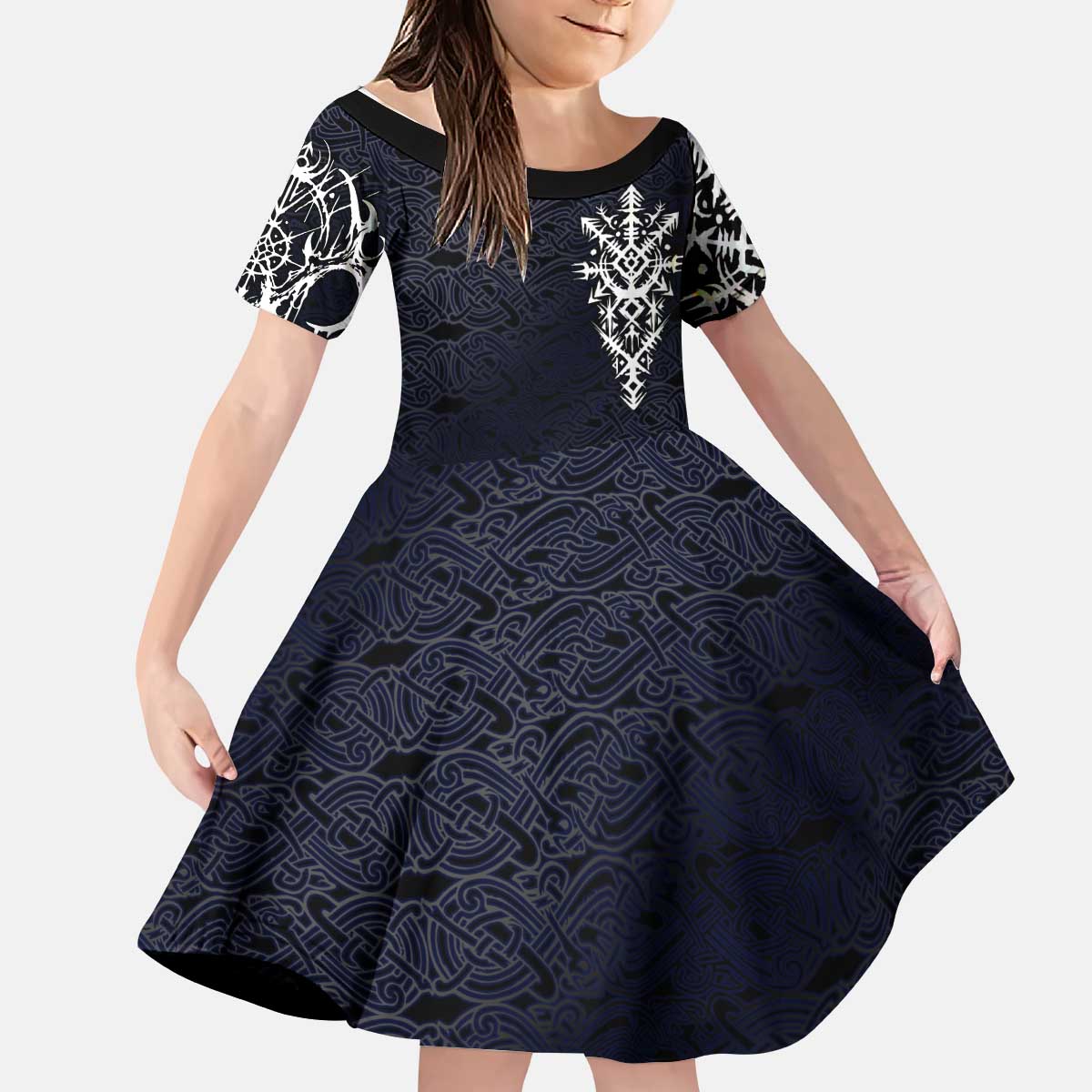 Runic Skull Kid Short Sleeve Dress with Nordic Symbols and Knot Pattern Viking Heritage Tribute - Wonder Print Shop