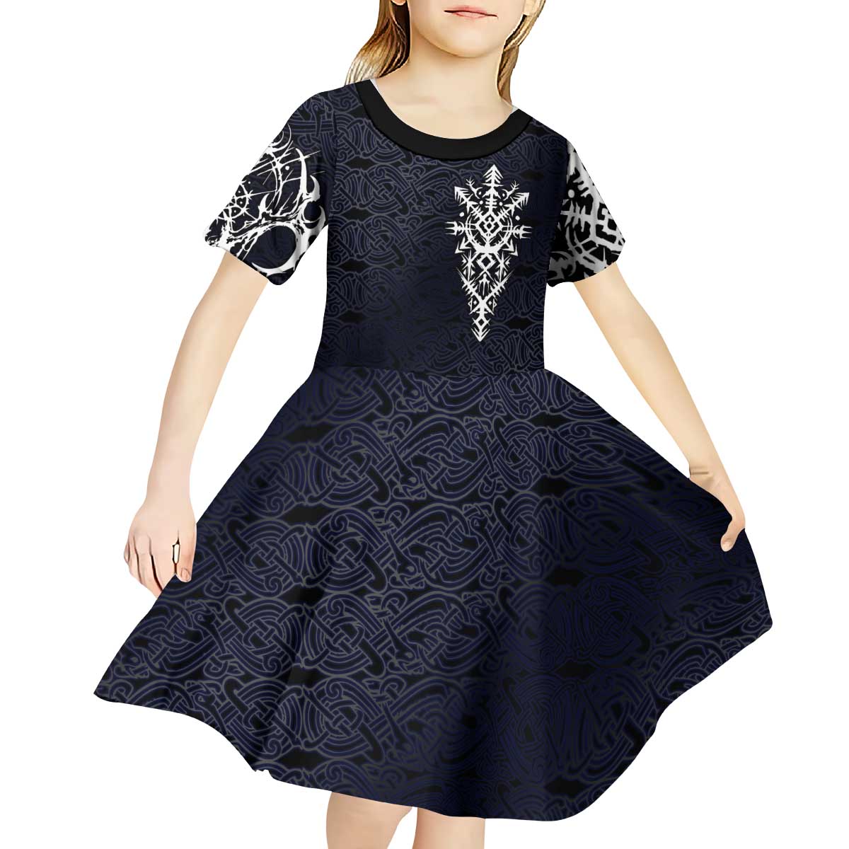 Runic Skull Kid Short Sleeve Dress with Nordic Symbols and Knot Pattern Viking Heritage Tribute - Wonder Print Shop