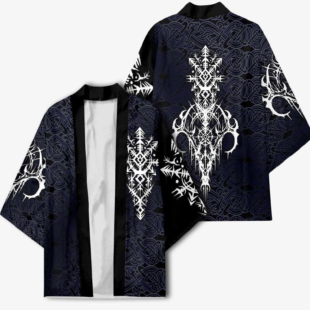 Runic Skull Kimono with Nordic Symbols and Knot Pattern Viking Heritage Tribute - Wonder Print Shop