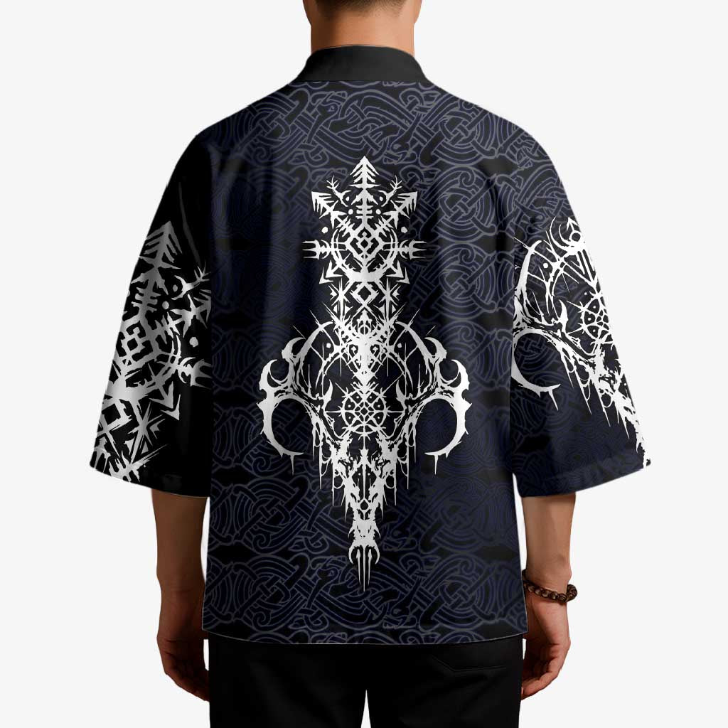 Runic Skull Kimono with Nordic Symbols and Knot Pattern Viking Heritage Tribute - Wonder Print Shop