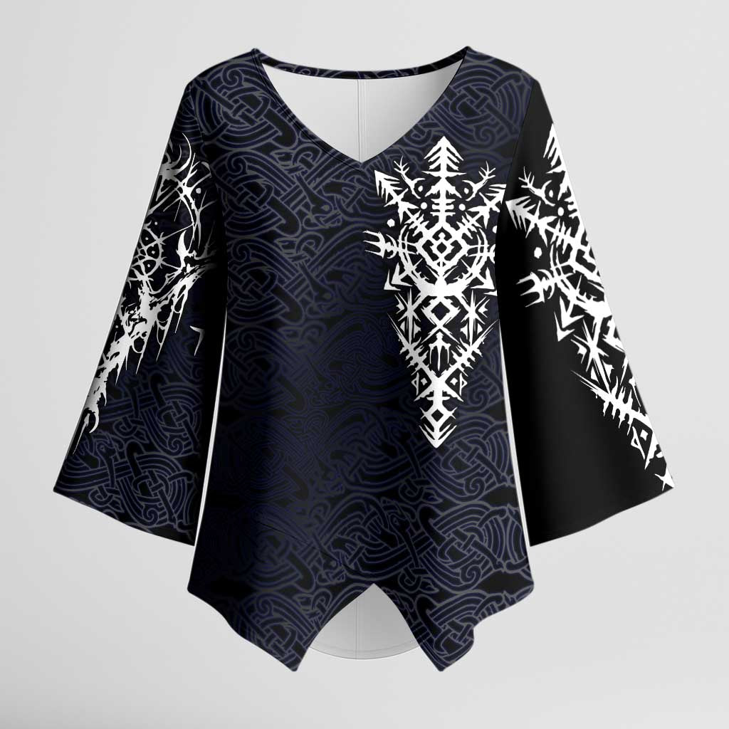 Runic Skull Kimono Sleeve Blouse with Nordic Symbols and Knot Pattern Viking Heritage Tribute - Wonder Print Shop