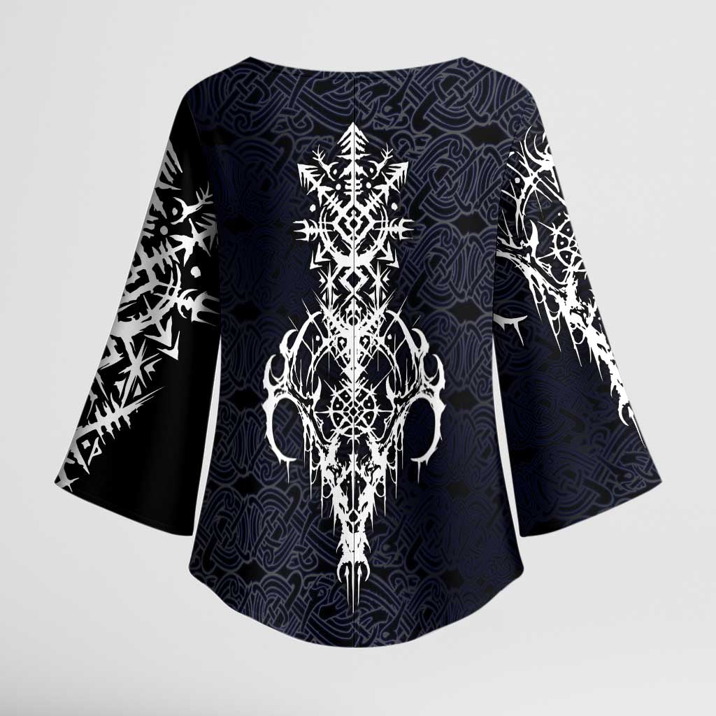Runic Skull Kimono Sleeve Blouse with Nordic Symbols and Knot Pattern Viking Heritage Tribute - Wonder Print Shop