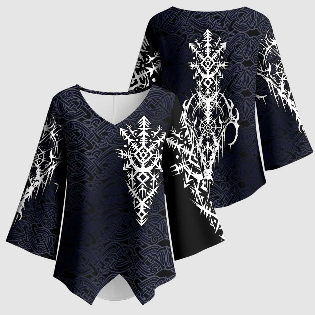 Runic Skull Kimono Sleeve Blouse with Nordic Symbols and Knot Pattern Viking Heritage Tribute - Wonder Print Shop