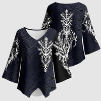 Runic Skull Kimono Sleeve Blouse with Nordic Symbols and Knot Pattern Viking Heritage Tribute - Wonder Print Shop