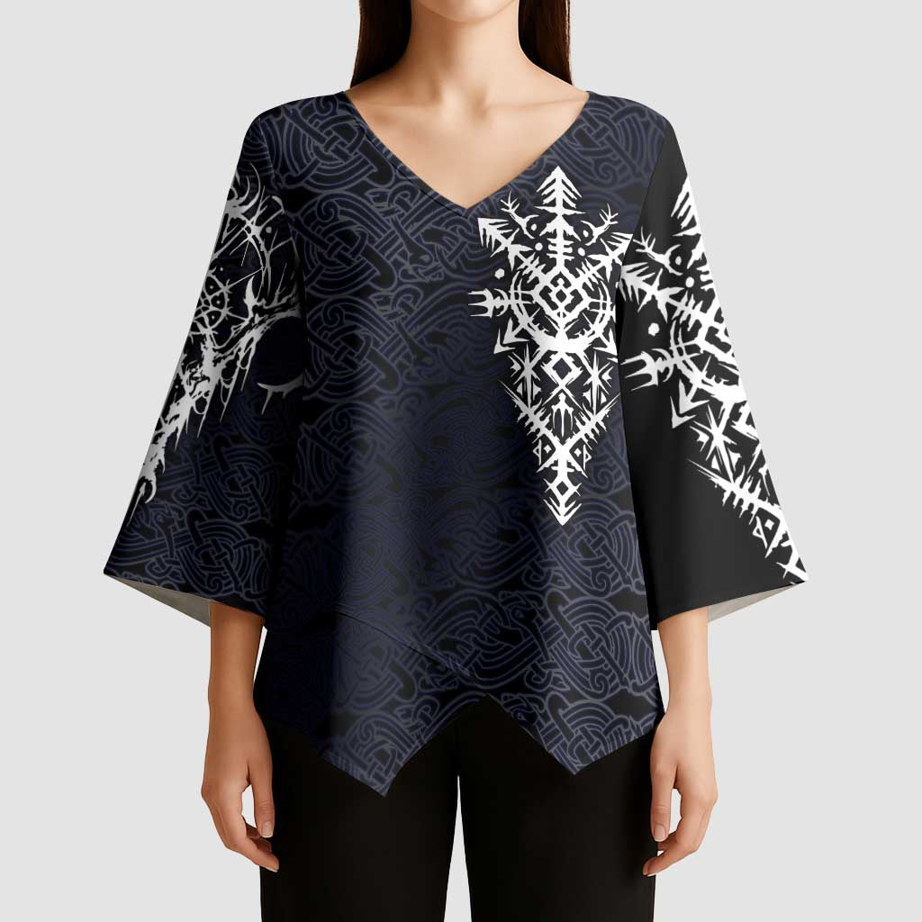 Runic Skull Kimono Sleeve Blouse with Nordic Symbols and Knot Pattern Viking Heritage Tribute - Wonder Print Shop