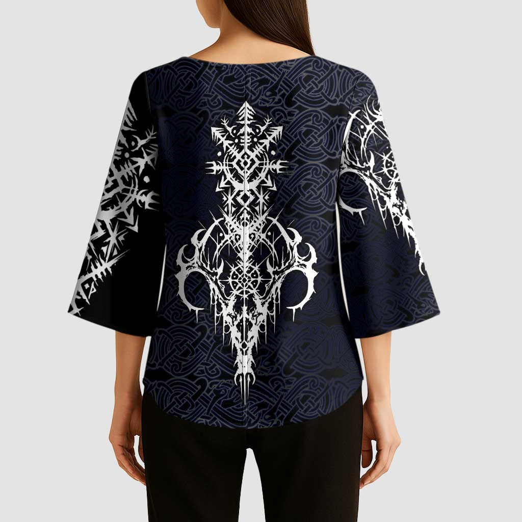 Runic Skull Kimono Sleeve Blouse with Nordic Symbols and Knot Pattern Viking Heritage Tribute - Wonder Print Shop