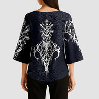 Runic Skull Kimono Sleeve Blouse with Nordic Symbols and Knot Pattern Viking Heritage Tribute - Wonder Print Shop