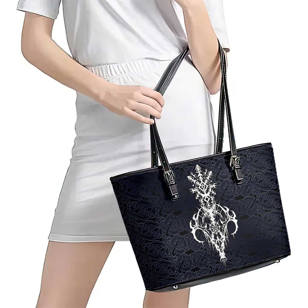 Runic Skull Leather Tote Bag with Nordic Symbols and Knot Pattern Viking Heritage Tribute - Wonder Print Shop
