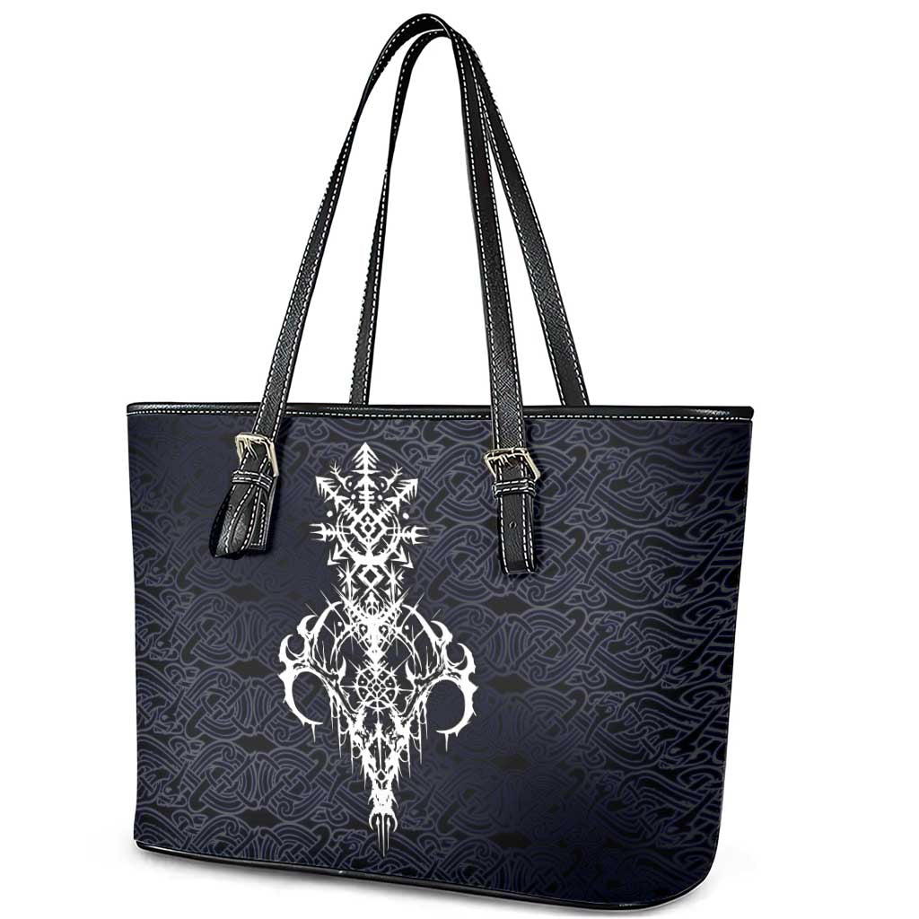 Runic Skull Leather Tote Bag with Nordic Symbols and Knot Pattern Viking Heritage Tribute - Wonder Print Shop