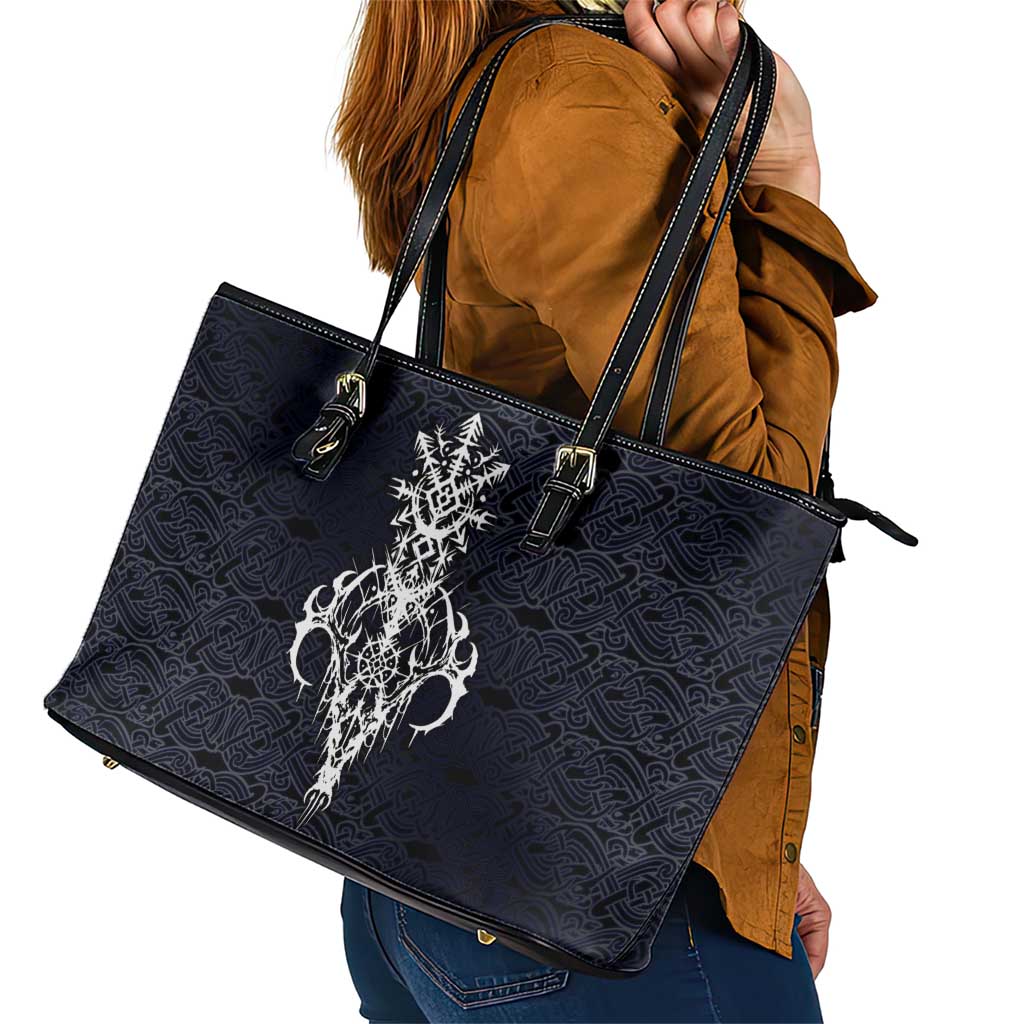 Runic Skull Leather Tote Bag with Nordic Symbols and Knot Pattern Viking Heritage Tribute - Wonder Print Shop