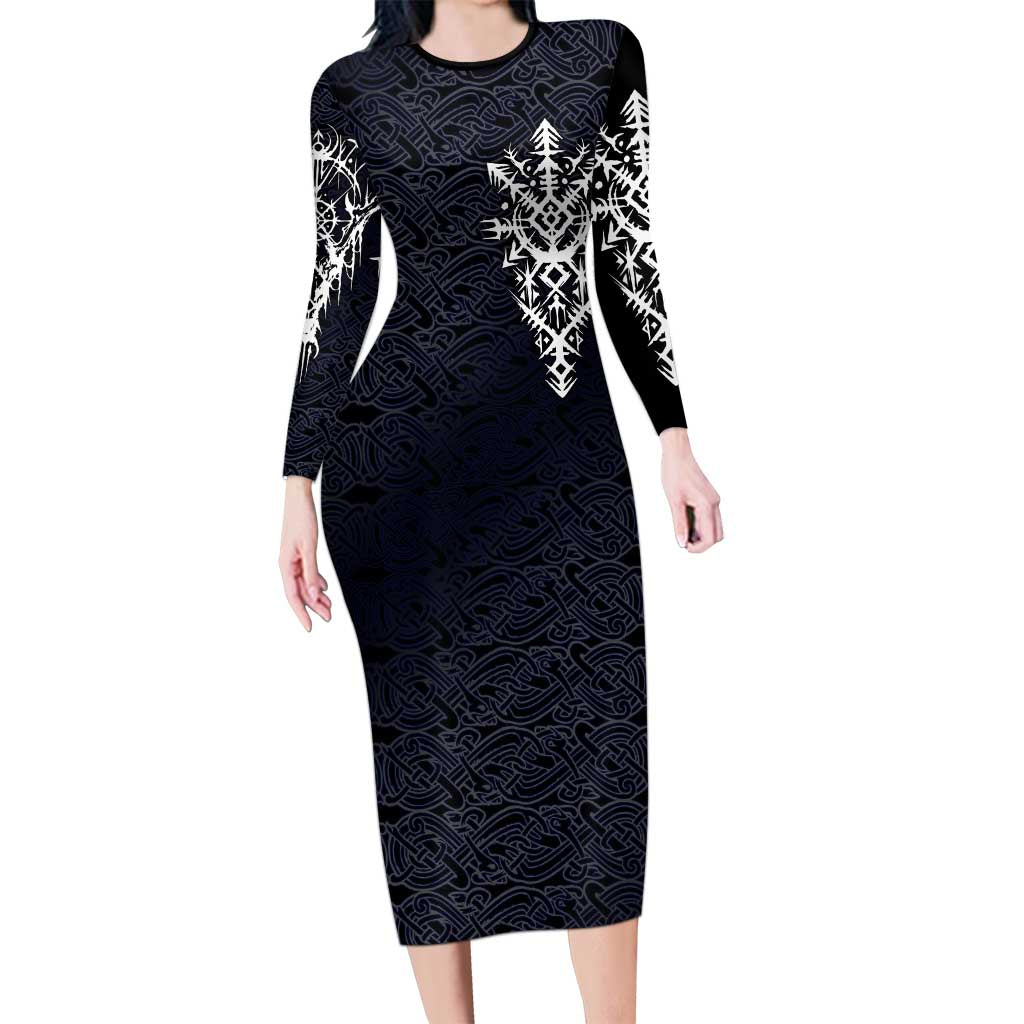 Runic Skull Long Sleeve Bodycon Dress with Nordic Symbols and Knot Pattern Viking Heritage Tribute - Wonder Print Shop