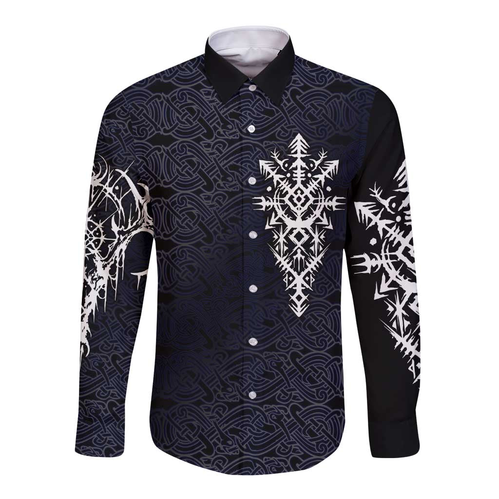 Runic Skull Long Sleeve Button Shirt with Nordic Symbols and Knot Pattern Viking Heritage Tribute - Wonder Print Shop