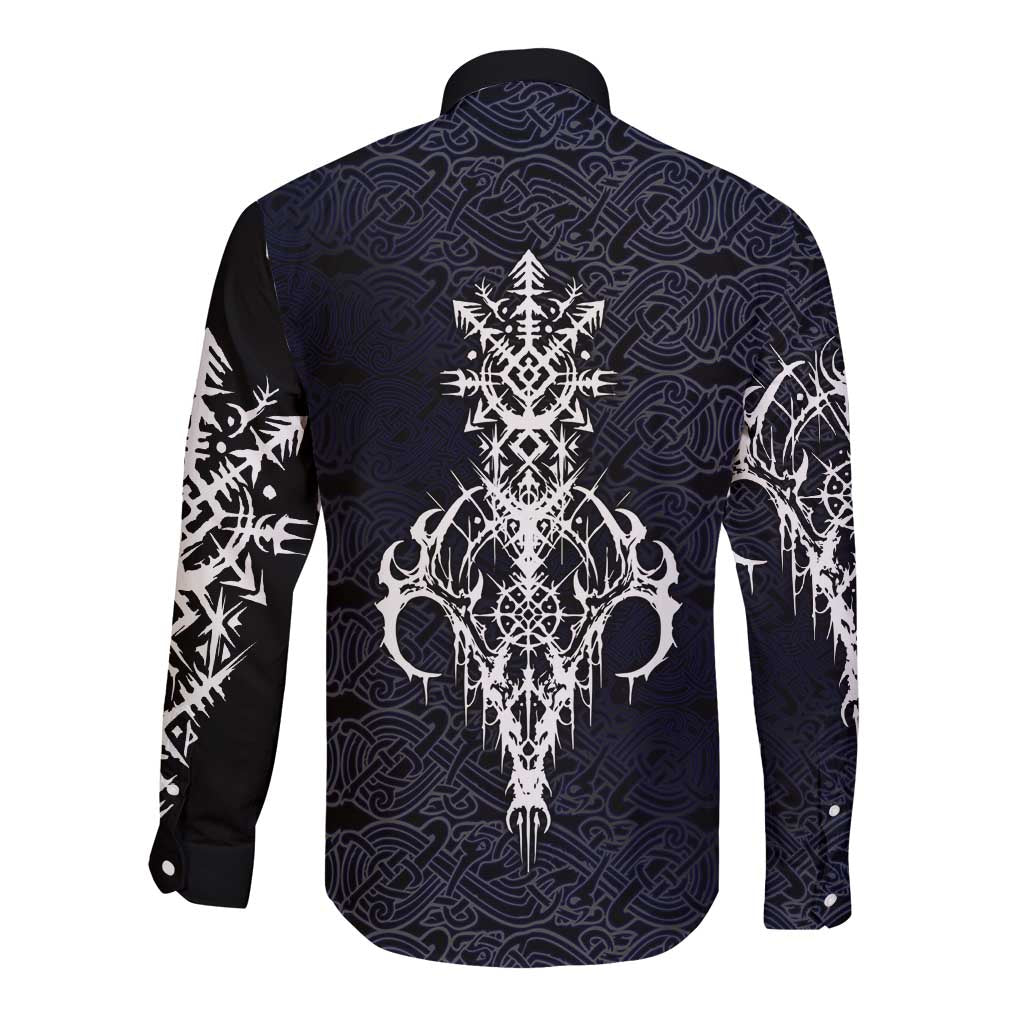 Runic Skull Long Sleeve Button Shirt with Nordic Symbols and Knot Pattern Viking Heritage Tribute - Wonder Print Shop