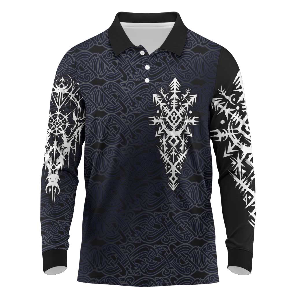 Runic Skull Long Sleeve Polo Shirt with Nordic Symbols and Knot Pattern Viking Heritage Tribute - Wonder Print Shop