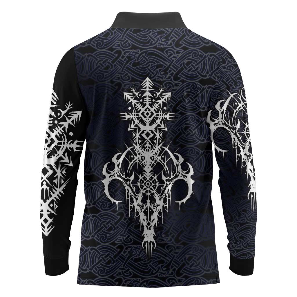 Runic Skull Long Sleeve Polo Shirt with Nordic Symbols and Knot Pattern Viking Heritage Tribute - Wonder Print Shop