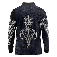 Runic Skull Long Sleeve Polo Shirt with Nordic Symbols and Knot Pattern Viking Heritage Tribute - Wonder Print Shop