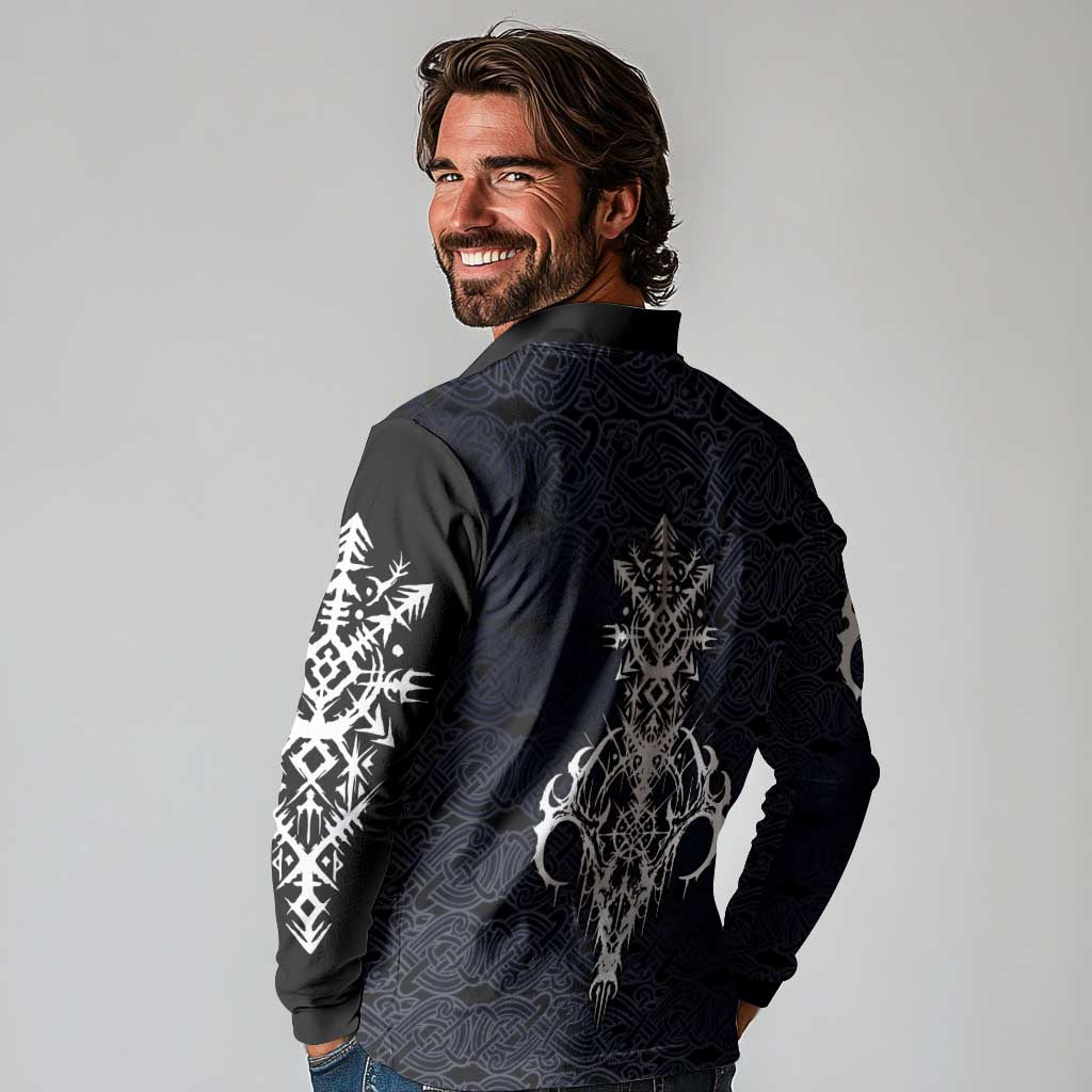 Runic Skull Long Sleeve Polo Shirt with Nordic Symbols and Knot Pattern Viking Heritage Tribute - Wonder Print Shop